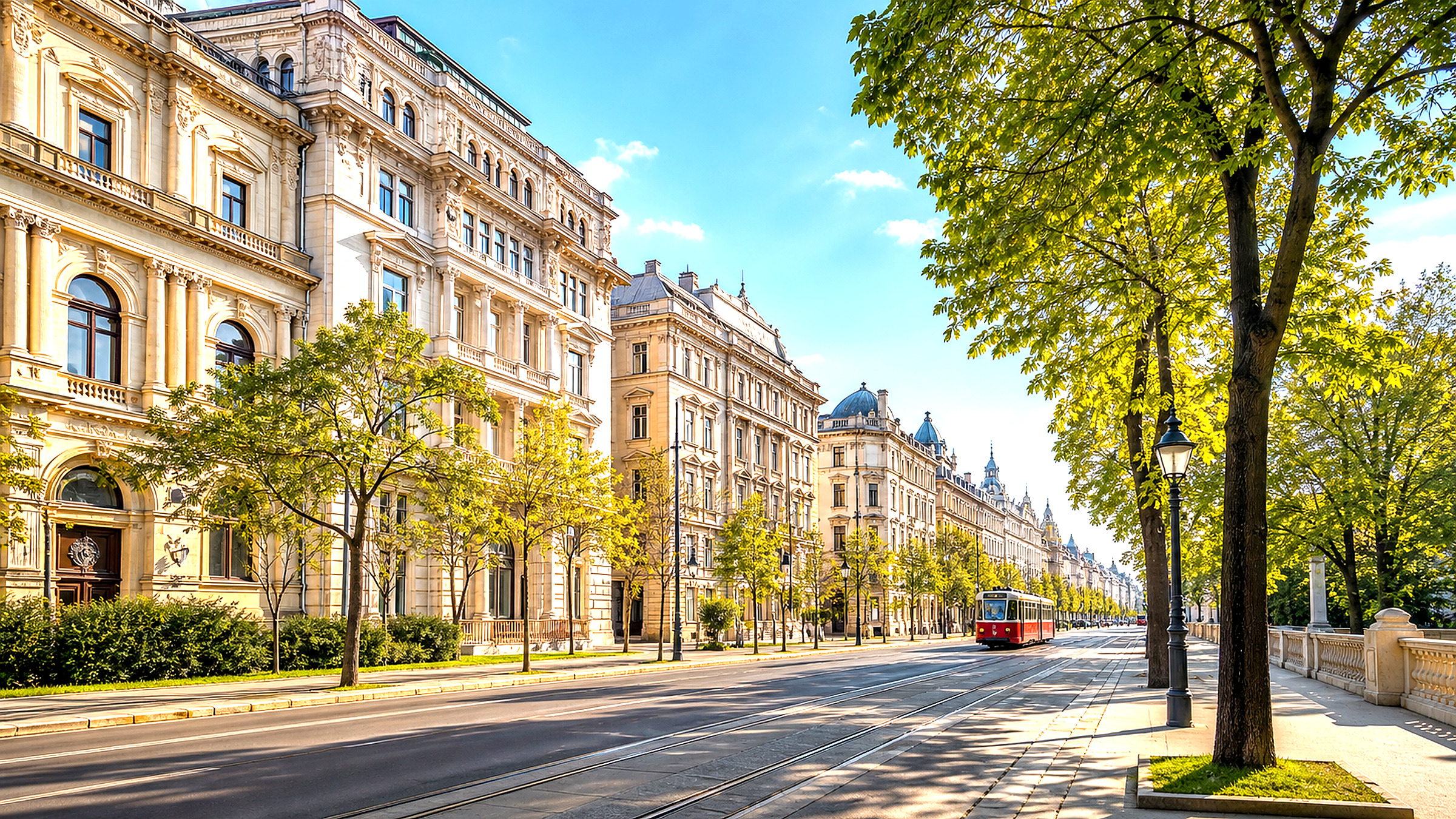 Wiener Ringstraße mit historischen Gebäuden und breitem Straßenraum